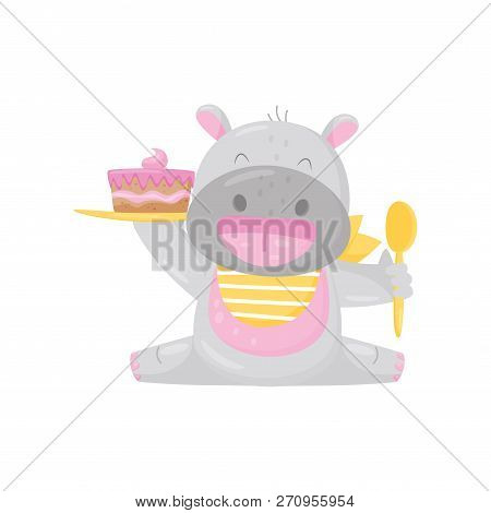 Cute Smiling Hippo In A Bib Eating Cake With Spoon, Lovely Behemoth Animal Cartoon Character Vector 