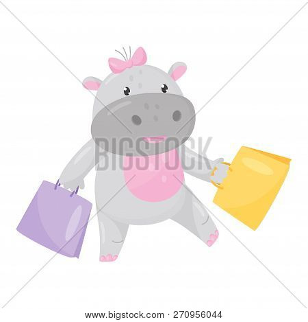 Cute Adorable Hippo With A Pink Bow Walking With Shopping Bags, Lovely Behemoth Animal Cartoon Chara