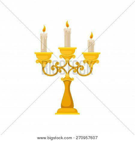 Golden Candelabrum With Three Burning Candles, Vintage Candlestick Vector Illustration On A White Ba