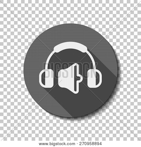 Headphones And Volume Level. Medium Volume Level. Simple Icon. White Flat Icon With Long Shadow In C
