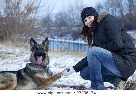 The German Shepherd Dog With Young Girl. Lovely Portrait.he Cute Portrait Of The Best Friends. The Y