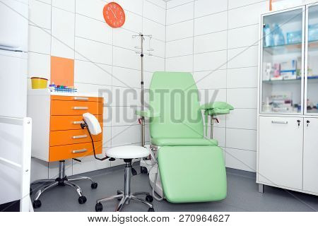 Modern And Comfortable Equipped Hospital Room. Treatment Room With Medicine In The Fridge.
