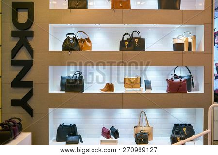 MOSCOW, RUSSIA - CIRCA SEPTEMBER, 2018: bags on display at DKNY shop in Moscow.