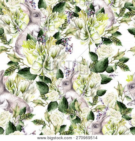 Watercolor Pattern With Fanny Banny, Green Leaves,lavender And Tulip Flowers. Perfect For Fabric, Pa