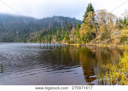 Plesne Lake And Plechy Mountain In Autumn. Sumava National Park, Czech Republic