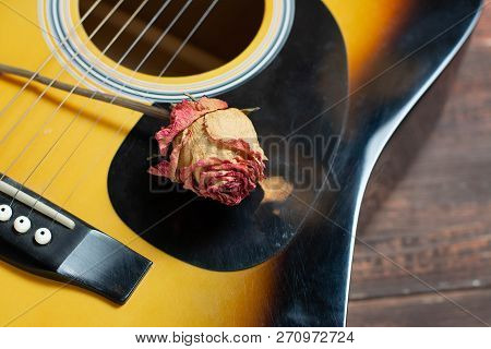 Acoustic Guitar With Dried Roses On The Wooden Table. Template For Advertising A Concert Of Memory S