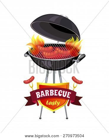 Barbecue Tasty Brazier With Sausages Isolated Icons Set Vector. Cookout Mangal And Roasting Frankfur