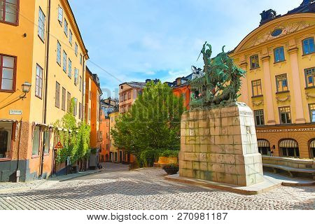 Stockholm, Sweden - July, 2018: The Statue Of Saint George And The Dragon In Stockholm, Sweden Durin
