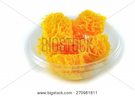 Golden Egg Yolks Threads Isolated Thai Desserts On Bowl On White Background / Name In Thai Foi Thong
