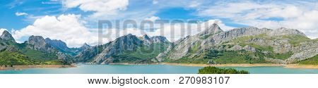 Panoramic View Od Reservoir In Mountains Of Picos De Europa. Cantabrian, Riano, Province Of Leon. Ca