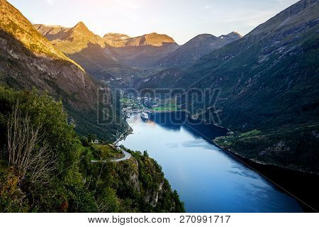 Breathtaking View Of Sunnylvsfjorden Fjord Near Geiranger Village In Western Norway.