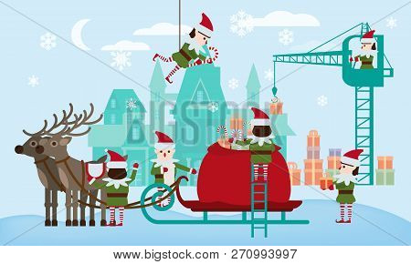 Merry Christmas And Happy New Year. Elves Helpers Collect Gifts In The Bag Of Santa Claus, Sleigh Wi