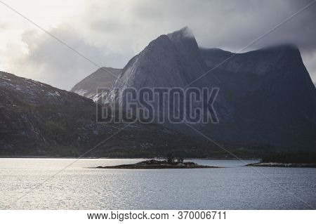 Classic Norwegian Cold Panoramic Landscape Of Efjorden Fjord, Ballangen Municipality, Nordland Count