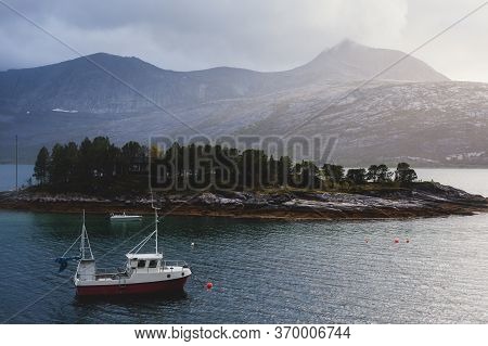 Classic Norwegian Cold Panoramic Landscape Of Efjorden Fjord, Ballangen Municipality, Nordland Count
