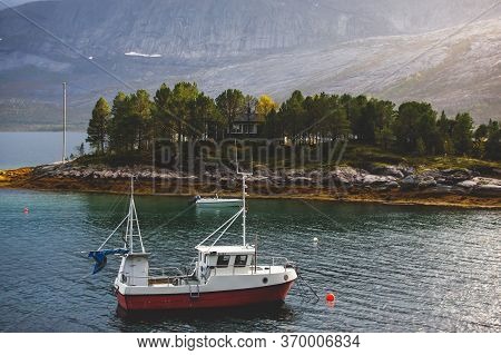 Classic Norwegian Cold Panoramic Landscape Of Efjorden Fjord, Ballangen Municipality, Nordland Count