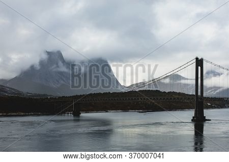 Classic Norwegian Cold Panoramic Landscape Of Efjorden Fjord, Ballangen Municipality, Nordland Count