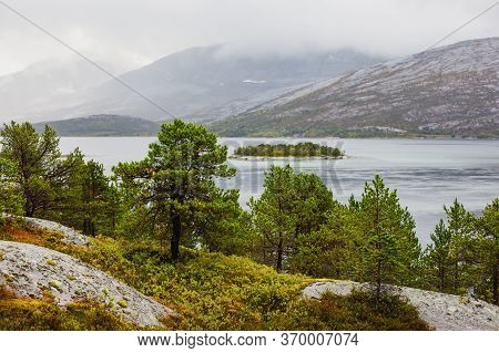 Classic Norwegian Cold Panoramic Landscape Of Efjorden Fjord, Ballangen Municipality, Nordland Count