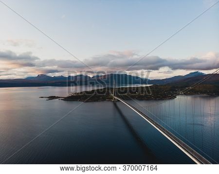 Aerial View Of A Halogaland Suspension Bridge Which Crosses The Rombaksfjorden In Narvik Municipalit