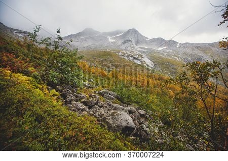 Norwegian Mountain Landscape During Hiking To Halls Fortopp Peak, With A View On Stetind, Northern N
