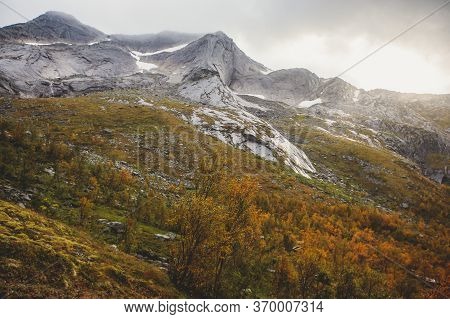 Norwegian Mountain Landscape During Hiking To Halls Fortopp Peak, With A View On Stetind, Northern N