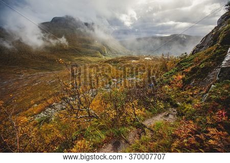 Norwegian Mountain Landscape During Hiking To Halls Fortopp Peak, With A View On Stetind, Northern N
