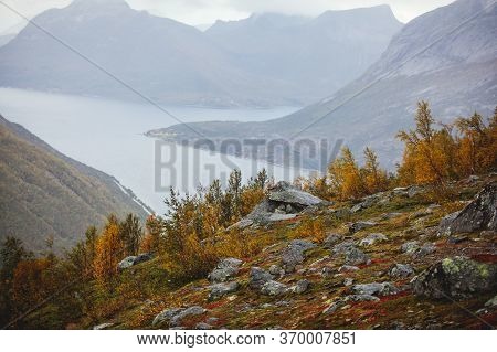 Norwegian Mountain Landscape During Hiking To Halls Fortopp Peak, With A View On Stetind, Northern N