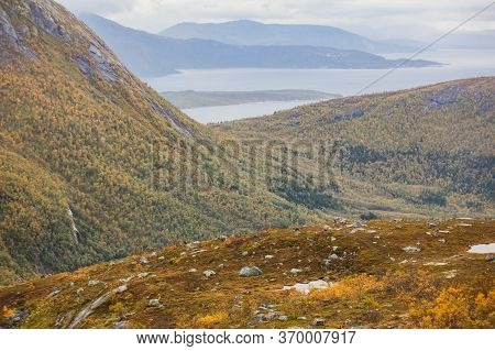 Norwegian Mountain Landscape During Hiking To Halls Fortopp Peak, With A View On Stetind, Northern N