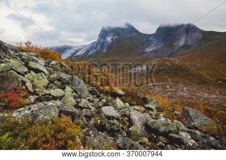 Norwegian Mountain Landscape During Hiking To Halls Fortopp Peak, With A View On Stetind, Northern N