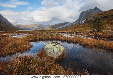 Norwegian Mountain Landscape During Hiking To Halls Fortopp Peak, With A View On Stetind, Northern N