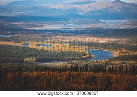 Swedish Autumn Fall Vibrant Landscape During Hiking To Kurravaara Mountain In Norrbotten County, Kir