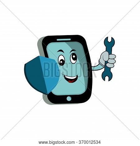 Illustration Of An Mobile Phone Shield Security Character Mascot. Design Template Vector