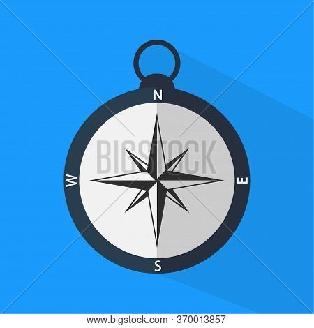 Flat Compass Vector Icon With Long Shadow. Science Compass Isolated On Blue Background.