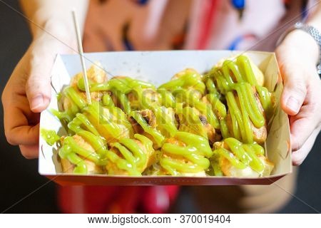 Homemade Grill Chinese Bread Stick (chinese Donut Or Beh Teung Guai) With Pandan Cream At Yaowarat T