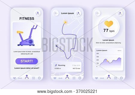 Fitness Workout Unique Neumorphic Design Kit For Mobile App. Fitness Tracker Screens With Running Ro