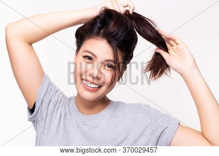 Portrait Pretty Young Asian Woman With Long Hair Healthy And Strong With Happiness, Smiley Face. You