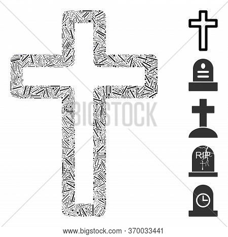 Hatch Mosaic Based On Tomb Cross Icon. Mosaic Vector Tomb Cross Is Designed With Randomized Hatch El