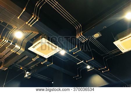 Installing System Of Air Conditioner And Electricity Wire In Pipe With Install On Ceiling Of Living 