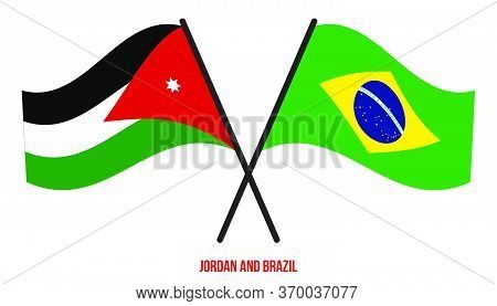 Jordan And Brazil Flags Crossed And Waving Flat Style. Official Proportion. Correct Colors.