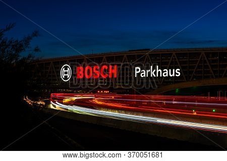 Stuttgart, Germany - May 26, 2020: Huge Bosch Letters At The Stuttgart Airport Parking Garage With L