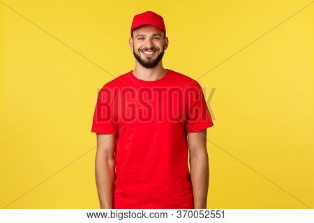 Express Mail Delivery, Package Transfer And Logistics Concept. Handsome Friendly-looking Courier In 
