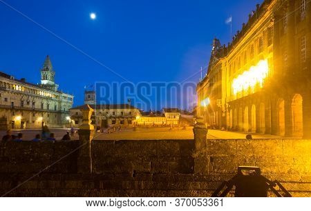 Plaza De Obradoiro In Evening Time. Santiago De Compostela, Spain