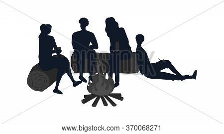Concept Of Summer Holidays In Nature. People Or Family Silhouettes Sitting On Logs, Enjoying Time At