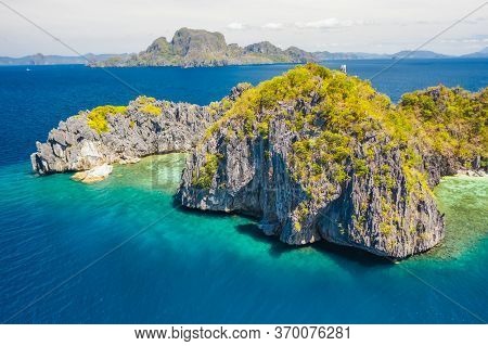 View From Above, Aerial View Of Unknown Island Surrounded By Turquoise, Crystal Clear Sea. Bacuit Ba