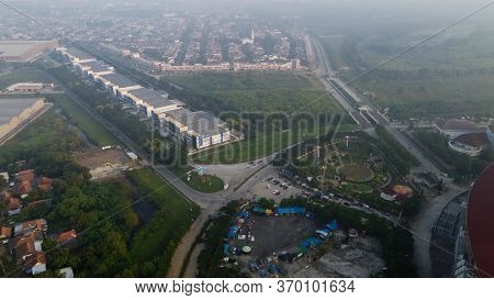 Bekasi. Indonesia. June 7 2020 : Aerial View - The Largest Stadium Of Bekasi From Drone. Indonesia.