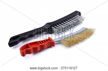 Two Metal Wire Brush For Cleaning Isolated On A White Background. Tools Fof Welding. Wire Brush For 