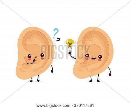 Cute Smiling Happy Human Ear With Question Mark And Idea Lightbulb. Vector Flat Cartoon Character Il