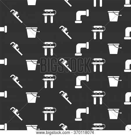 Set Industry Metallic Pipe, Bucket, Pipe Adjustable Wrench And Water Filter On Seamless Pattern. Vec