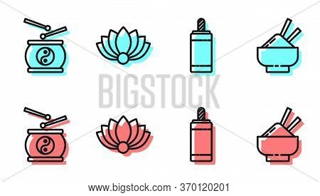 Set Line Firework, Chinese Drum, Lotus Flower And Rice In A Bowl With Chopstick Icon. Vector