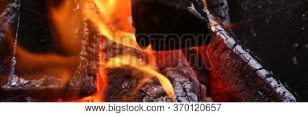 Flame Bright Fire Valuable And Irrevocable Wood. Cooking On Real Fire. Wood Heating. Bonfire Close-u