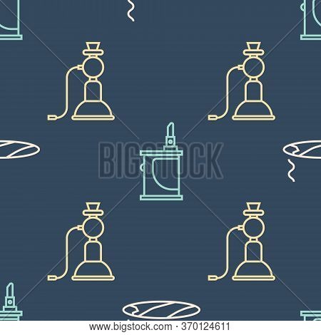 Set Line Cigar With Smoke, Hookah And Electronic Cigarette On Seamless Pattern. Vector